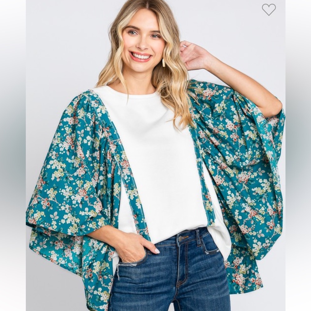 Oddi Teal Floral Kimono Shrug - Lightweight